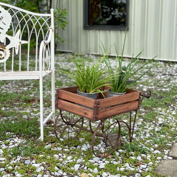 Rustic Wood And Metal Wagon Cart Style Plant Stand 24.25 Inches Long - Picture 2 of 8